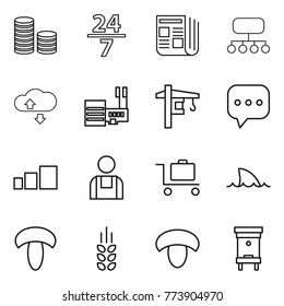 Thin line icon set : coin stack, 24 7, newspaper, structure, cloude service, mall, tower crane, sms, sorting, workman, baggage trolley, shark flipper, mushroom, spikelets, hive