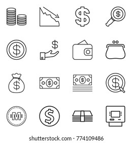 Thin line icon set : coin stack, crisis, dollar, magnifier, investment, wallet, purse, money bag, arrow, crypto currency, atm