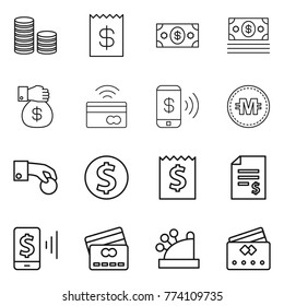 Thin line icon set : coin stack, receipt, money, gift, tap to pay, phone, crypto currency, hand, dollar, account balance, mobile, credit card, cashbox