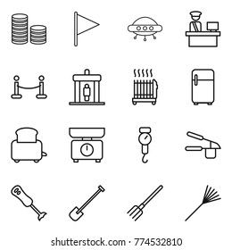 Thin line icon set : coin stack, flag, ufo, customs control, vip fence, detector, radiator, fridge, toaster, kitchen scales, handle, garlic clasp, blender, shovel, fork, rake