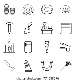 Thin line icon set : coin stack, around gear, ufo, nail, construction, customs control, rack, detector, fridge, handle scales, garlic clasp, big fork, knife holder, horseshoe, rake