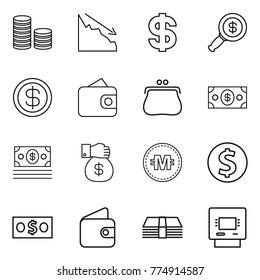 Thin line icon set : coin stack, crisis, dollar, magnifier, wallet, purse, money, gift, crypto currency, atm