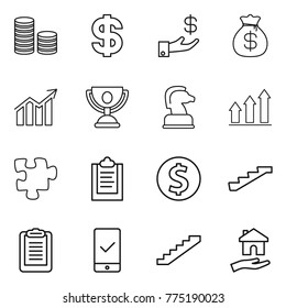 Thin line icon set : coin stack, dollar, investment, money bag, diagram, trophy, chess horse, graph up, puzzle, clipboard, stairs, mobile checking, housing