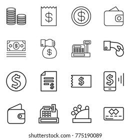 Thin line icon set : coin stack, receipt, dollar, wallet, money, gift, cashbox, hand, account balance, mobile pay, credit card