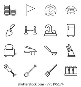 Thin line icon set : coin stack, flag, around gear, ufo, construction, vip fence, water tap, fridge, toaster, garlic clasp, ladle, knife holder, blender, shovel, fork, grain elevator