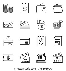 Thin line icon set : coin stack, receipt, wallet, purse, money, gift, cashbox, tap to pay, credit card, account balance