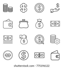 Conjunto de ícones de linha fina: pilha de moedas, dólar, investimento, carteira, bolsa, bolsa, dinheiro, presente, seta, mineração virtual, moeda criptográfica