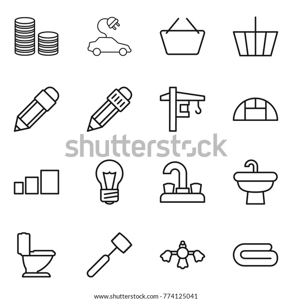 Thin line icon\
set : coin stack, electric car, basket, pencil, tower crane,\
greenhouse, sorting, bulb, water tap, sink, toilet, meat hammer,\
hard reach place cleaning,\
towel