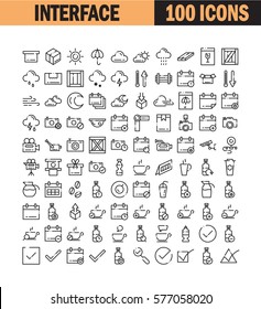 Dünne Linie Symbol gesetzt. Kollektion von hochwertigen flachen Icons für Webdesign oder mobile App. Interface, Box, Wetter, Cloud Vektorgrafik. Kalender, Kamera, Wasser, Scheck, Kaffee Icon Set.