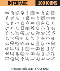 Thin line icon set. Collection of high quality flat icon for web design or mobile app. Interface, bell, arrow, construction vector illustration. Airport, transport, book, battery icon set.
