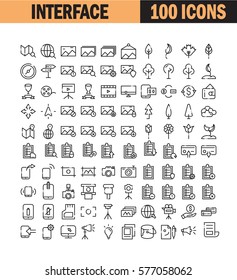 Thin line icon set. Collection of high quality flat icon for web design or mobile app. Interface, map, computer, picture, photo vector illustration. Phone, communication, to do list, plant icon set.