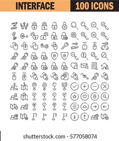 Thin line icon set. Collection of high quality flat icon for web design or mobile app. Interface, insurance, lock, key, car vector illustration. Shield, map pin, menu, computer mouse icon set.