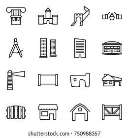 thin line icon set : column, castle, greate wall, drawbridge, draw compass, skyscrapers, skyscraper, airport building, lighthouse, fence, slum, house with garage, shop, barn, farm