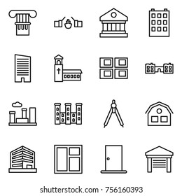 Thin line icon set : column, drawbridge, library, building, skyscraper, church, panel house, school, city, palace, drawing compasses, office, window, door, garage