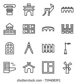 Thin line icon set : column, arch, greate wall, bridge, cottage, panel house, palace, window, drawing compasses, fence, outdoor light, hotel, bungalow, windmill