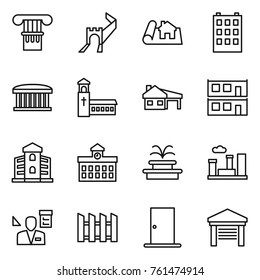 Thin line icon set : column, greate wall, project, building, airport, church, house with garage, modular, university, fountain, city, architector, fence, door