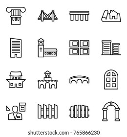 Thin line icon set : column, bridge, project, skyscraper, church, panel house, district, japanese, fort, arch window, architector, fence