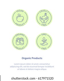 Thin Line Icon Set Concept of Healthy Organic Products. Vegan, Cruelty Free, GMO, Organic. Healthy food badges, tags set for cafe, restaurants, products packaging.