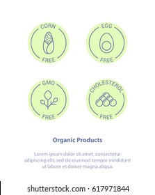 Thin Line Icon Set Concept of Healthy Organic Products. Corn Free, Egg Free, GMO and Cholesterol Free, Cholesterol. Healthy food badges, tags set for cafe, restaurants, products packaging.