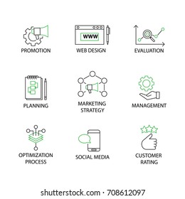 Thin line Icon Set in Concept of Business Strategy with word Promotion, Web Design,Evaluation,Planning,Marketing Strategy,Management,Optimization Process,Social Media,Customer Rating.Editable Stroke.