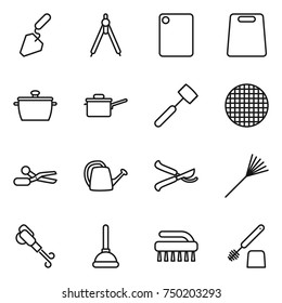 thin line icon set : construction, drawing compasses, cutting board, pan, saute, meat hammer, sieve, scissors, watering can, pruner, rake, blower, plunger, brush, toilet