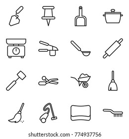 Thin line icon set : construction, pin, scoop, pan, kitchen scales, garlic clasp, ladle, rolling, meat hammer, scissors, wheelbarrow, broom, vacuum cleaner, sponge, brush