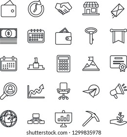 Thin Line Icon Set - consumer search vector, motivation, handshake, wallet, clock, pennon, earth, growth graph, office chair, calendar, cash, calculator, paper plane, hierarchy, certificate, mail