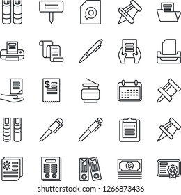 Thin Line Icon Set - contract vector, book, office binder, pen, document, plant label, cash, receipt, clipboard, paper pin, drawing, folder, search, printer, tray, copier, restaurant, calendar