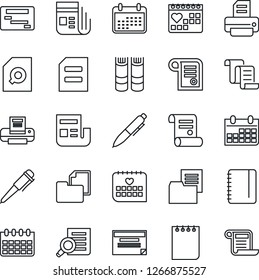 Thin Line Icon Set - contract vector, book, document search, pen, notepad, calendar, printer, medical, folder, news, schedule