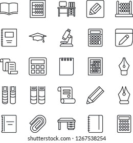 Thin Line Icon Set - contract vector, book, graduate, abacus, desk, notepad, microscope, calculator, notes, copybook, paper clip, ink pen, pencil