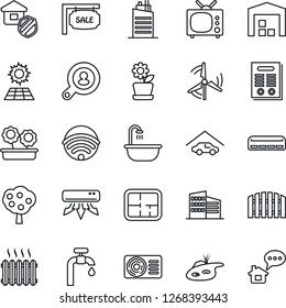 Thin Line Icon Set - contract vector, pond, sun panel, windmill, water supply, fruit tree, garage, warehouse, fence, plan, sale, office building, client search, bathroom, heater, air conditioner, tv
