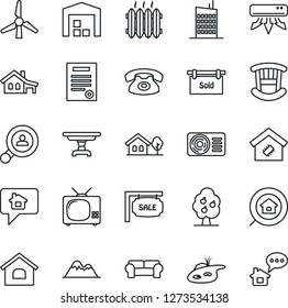 Thin Line Icon Set - contract vector, house, with garage, tree, pond, windmill, fruit, mountains, warehouse, sale, sold signboard, estate search, client, children room, table, cushioned furniture