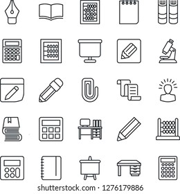 Thin Line Icon Set - contract vector, book, abacus, desk, notepad, presentation board, microscope, calculator, notes, paper clip, ink pen, pencil, shining head
