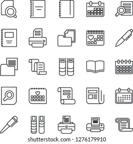 Thin Line Icon Set - contract vector, book, document search, pen, notepad, calendar, printer, medical, folder, news, copybook