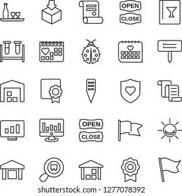 Thin Line Icon Set - contract vector, statistic monitor, lady bug, plant label, blood test vial, heart shield, medical calendar, warehouse, package, search cargo, sertificate, alcohol, wine card