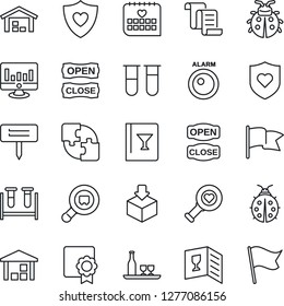 Thin Line Icon Set - contract vector, statistic monitor, lady bug, plant label, blood test vial, heart diagnostic, shield, medical calendar, warehouse, package, search cargo, application, alcohol