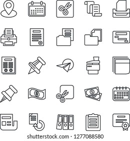 Thin Line Icon Set - contract vector, document reload, pin, cash, clipboard, folder, paper, cut, news, blank box, binder, printer, tray, copier, calendar, plane, schedule, certificate