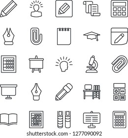 Thin Line Icon Set - contract vector, book, calculator, graduate, abacus, desk, notepad, presentation board, microscope, notes, paper clip, ink pen, pencil, shining head