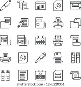 Thin Line Icon Set - contract vector, book, document search, pen, calendar, printer, medical, folder, news, schedule