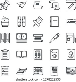 Thin Line Icon Set - contract vector, book, office binder, pen, drawing pin, document reload, receipt, paper, notes, clipboard, copybook, news, folder, checklist, tray, copier, stapler, restaurant