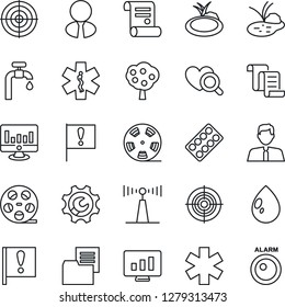 Thin Line Icon Set - contract vector, statistic monitor, water drop, pond, heart diagnostic, pills blister, ambulance star, important flag, folder document, reel, antenna, root setup, target, supply
