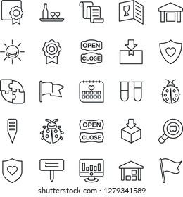 Thin Line Icon Set - contract vector, statistic monitor, lady bug, plant label, blood test vial, heart shield, medical calendar, warehouse, package, search cargo, application, sertificate, alcohol