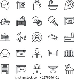 Thin Line Icon Set - contract vector, house with garage, pond, windmill, water supply, fence, rent, low price signboard, office building, estate search, client, agent, key, lock, bedroom, table, eco