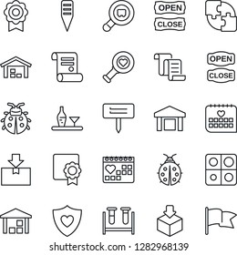 Thin Line Icon Set - contract vector, lady bug, plant label, blood test vial, heart diagnostic, shield, medical calendar, warehouse, package, search cargo, application, sertificate, alcohol, flag