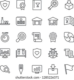 Thin Line Icon Set - contract vector, statistic monitor, lady bug, plant label, blood test vial, heart diagnostic, shield, medical calendar, warehouse, package, search cargo, application, alcohol