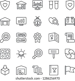 Thin Line Icon Set - contract vector, statistic monitor, lady bug, plant label, blood test vial, heart diagnostic, shield, warehouse, package, search cargo, application, sertificate, wine card, flag