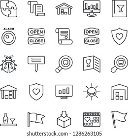Thin Line Icon Set - contract vector, statistic monitor, lady bug, plant label, heart shield, medical calendar, warehouse, package, search cargo, application, alcohol, wine card, open close, flag