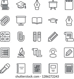 Thin Line Icon Set - contract vector, book, calculator, graduate, abacus, notepad, presentation board, pencil, microscope, notes, copybook, paper clip, ink pen, shining head