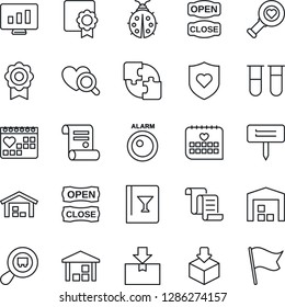 Thin Line Icon Set - contract vector, statistic monitor, lady bug, plant label, blood test vial, heart diagnostic, shield, medical calendar, warehouse, package, search cargo, application, wine card