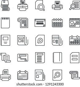Thin Line Icon Set - contract vector, document search, notepad, calendar, printer, medical, news, copybook, book, schedule
